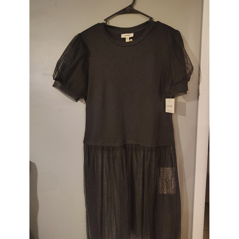 Meraki Black Tulle Puff Sleeve Polka Dot Tiered Dress Large NWT